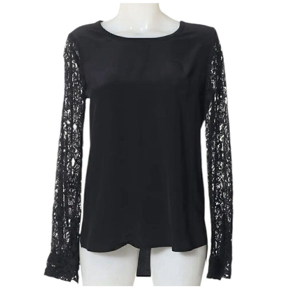 Diane Von Furstenberg 100% Silk Blouse With Lace Sleeve Black High Low Size 6